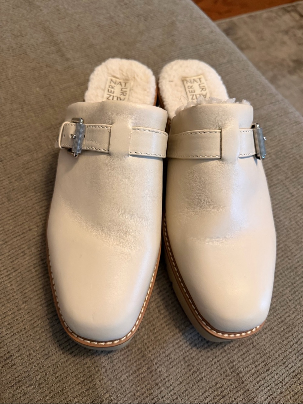 Naturalizer Cream Leather Mule Clogs with Buckle Detail